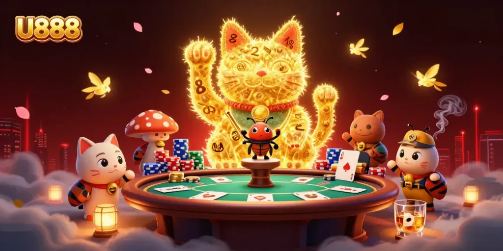 Engage with U888's online gaming adventure featuring vibrant lucky cat and casino elements.
