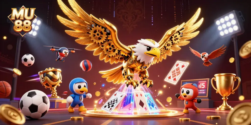 Experience thrilling moments with MU 88 as a cybernetic eagle dives through playing cards.