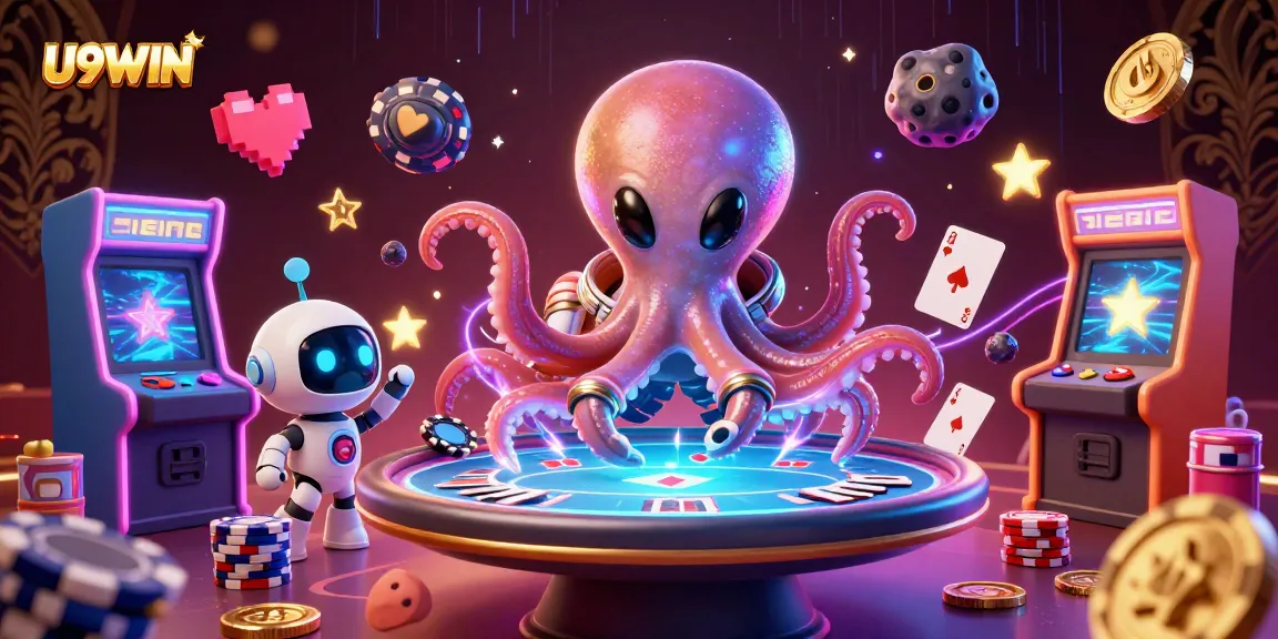 Play poker with U9WIN's fun alien octopus at a futuristic casino table.