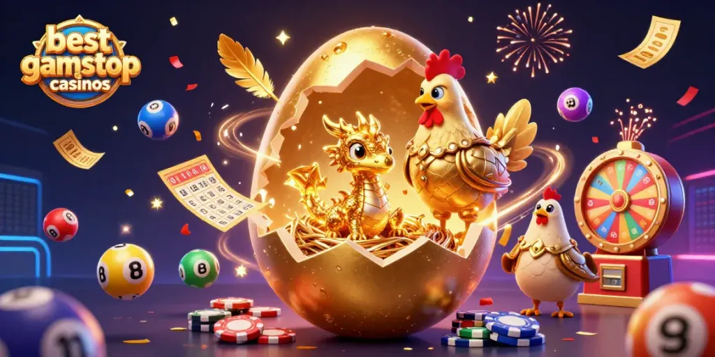 Featuring the best non gamstop casinos, a golden dragon emerges from a golden egg in this vibrant 3D casino scene.
