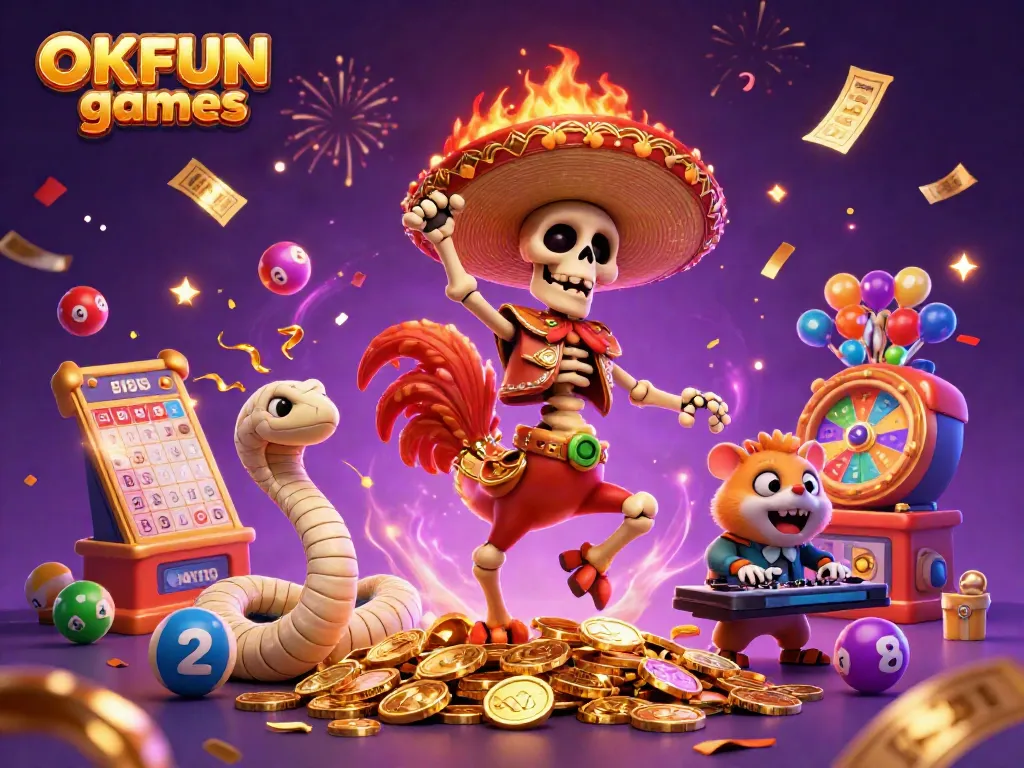 Experience OKFUN games with vibrant winning celebrations featuring colorful elements and lively characters.