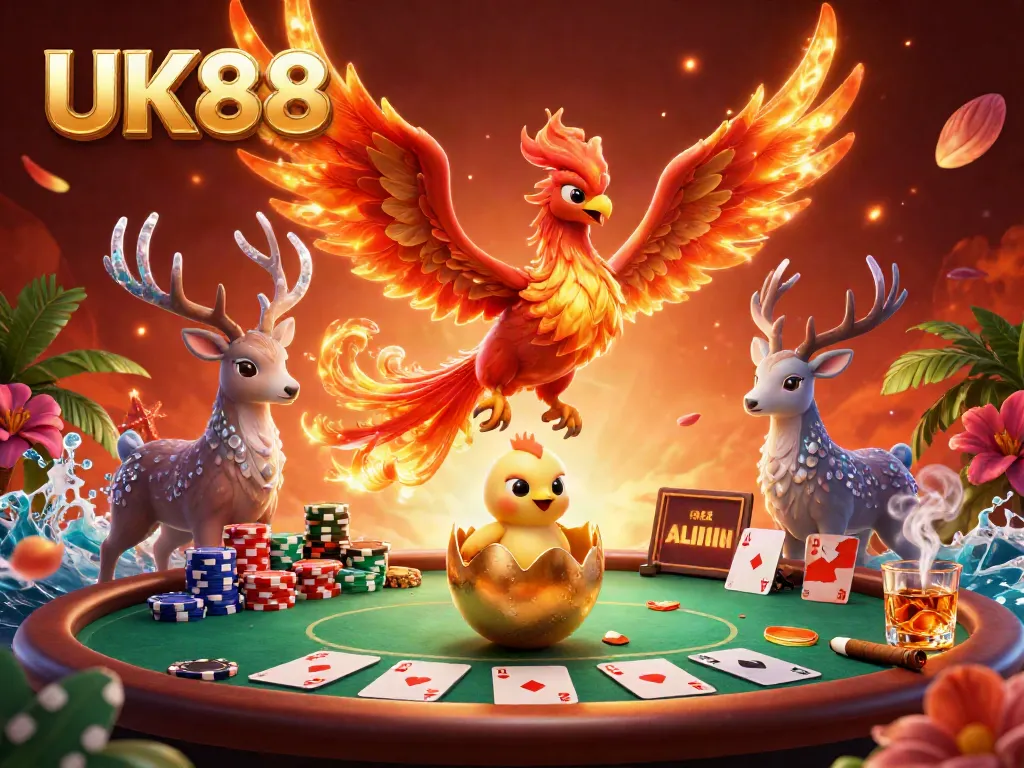 Experience the excitement of UK88 with a vibrant 3D fantasy scene showcasing a phoenix and high-stake poker elements.