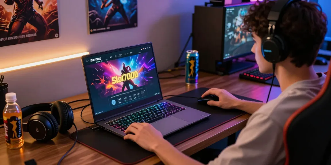 Engaged user experiencing slot7000 gaming platform on laptop in modern gaming room with vibrant interface.