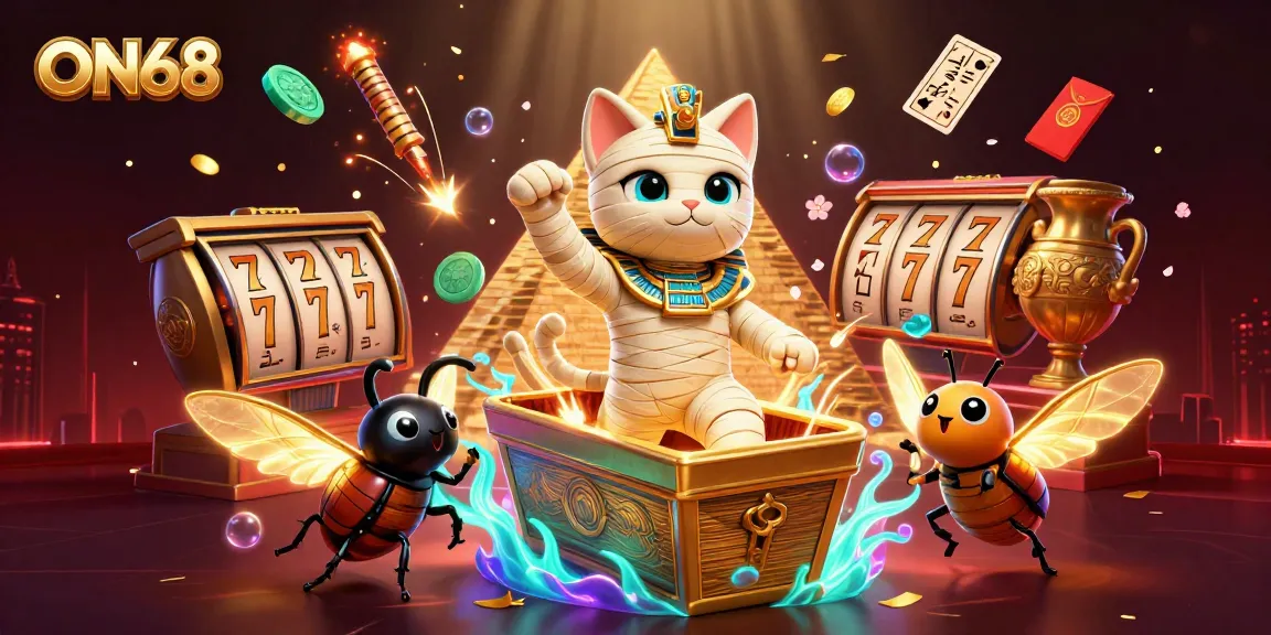ON68 features a 3D mummy cat and scarab in a vibrant casino bursting with excitement.