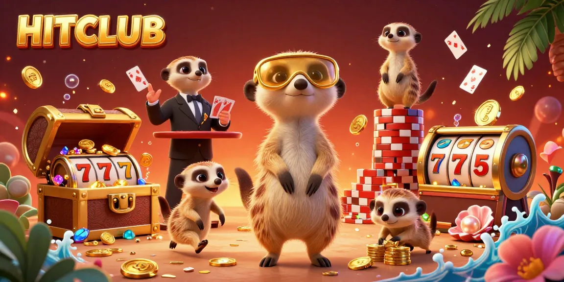 Experience HITCLUB's lively casino environment with meerkats managing games, surrounded by thrilling visuals.