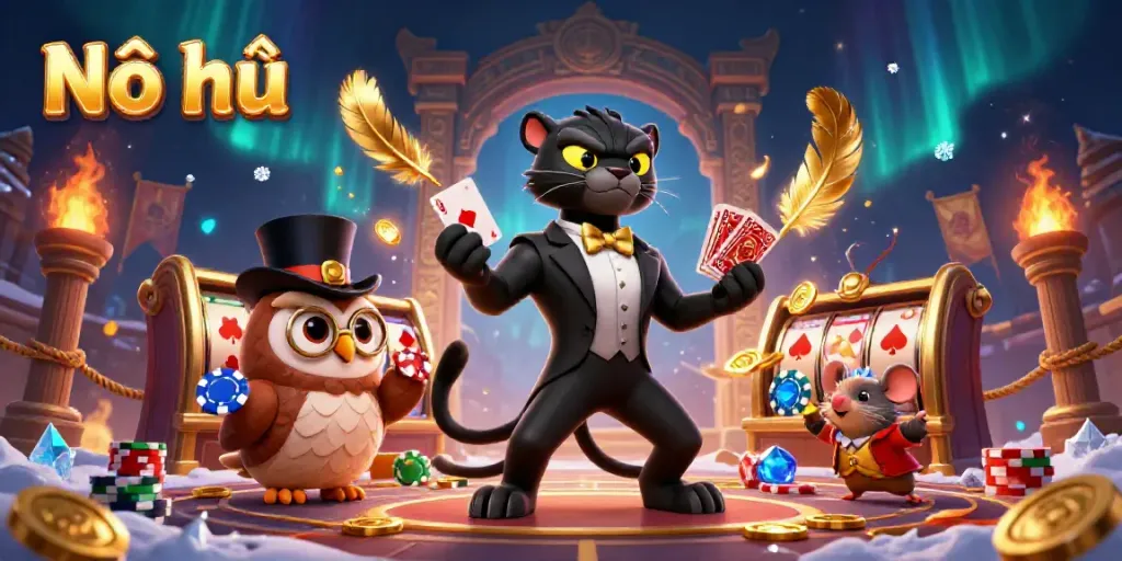 Experience Nổ hũ excitement with stylish characters and vibrant casino elements in a dynamic 3D scene.