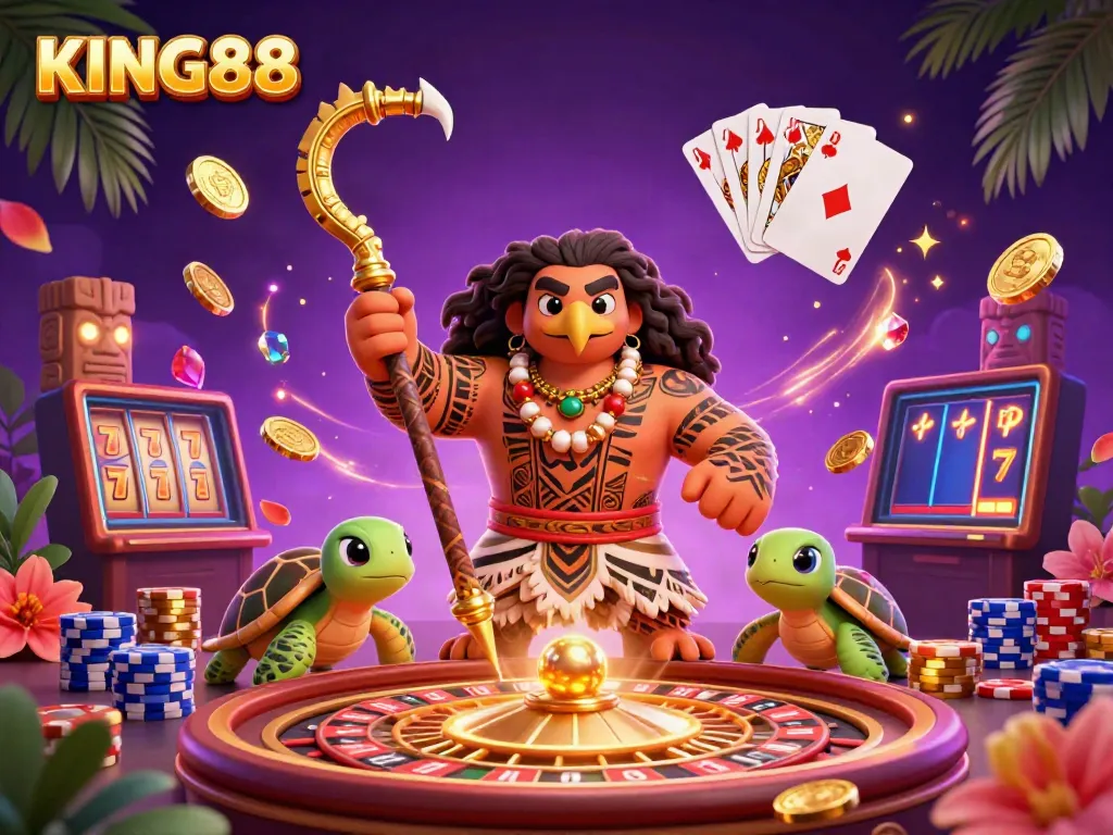 Engage in the vibrant KING88 casino experience with a dynamic 3D illustration depicting a demigod hawk and turtle in a lively scene.