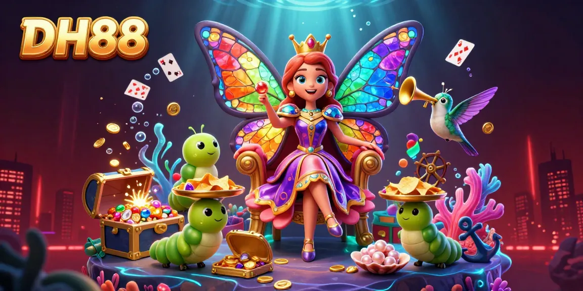 Spin to win at DH88 with a vibrant 3D illustration showcasing a butterfly queen amid treasures.