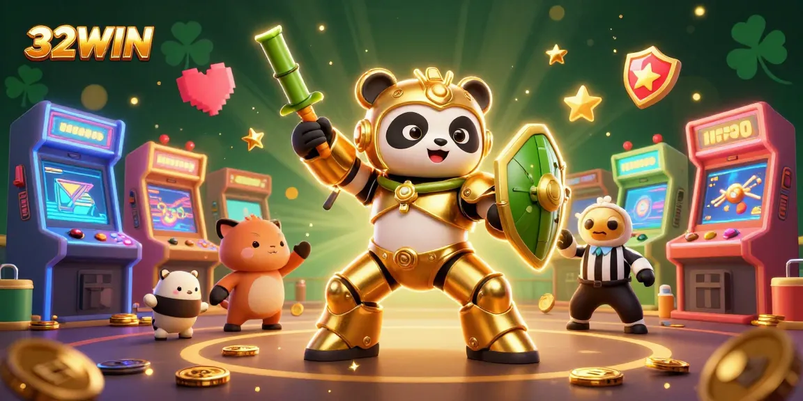Engage in a thrilling game with 32WIN featuring a golden panda piloting a robot amidst vibrant casino elements.