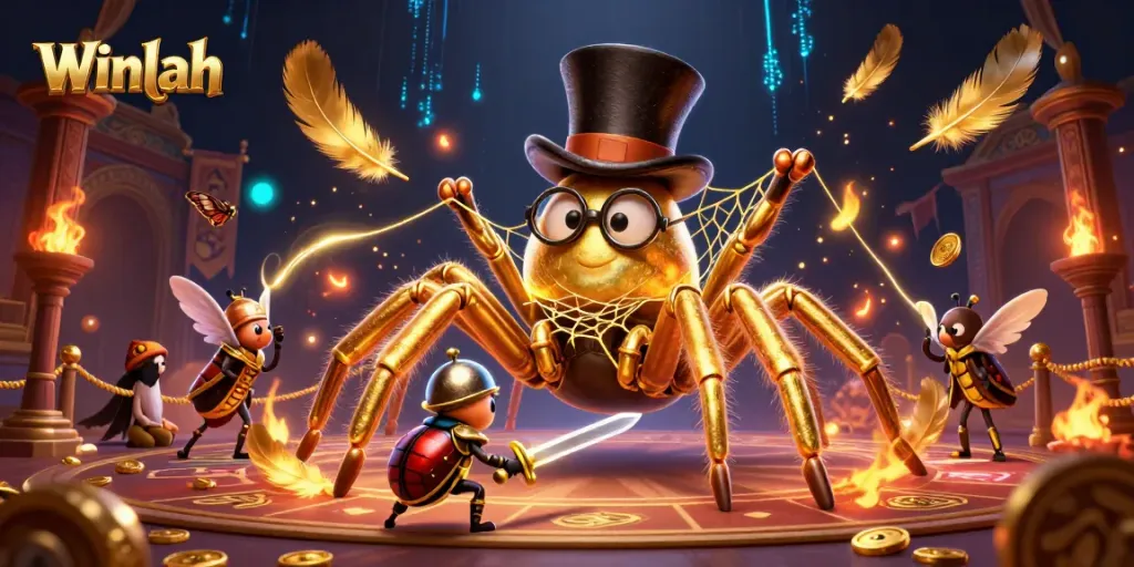 Winlah: Join a thrilling 3D casino adventure with our animated golden tarantula and beetle knight.
