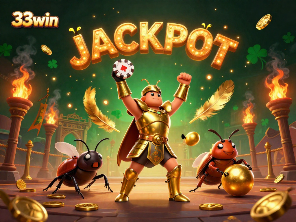 Celebrate at 33win's jackpot scene with vibrant characters and exciting casino elements.