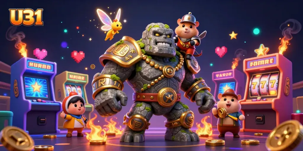 Experience thrilling plays at U31, where colorful slot reels and a lively golem guardian ignite winning excitement!