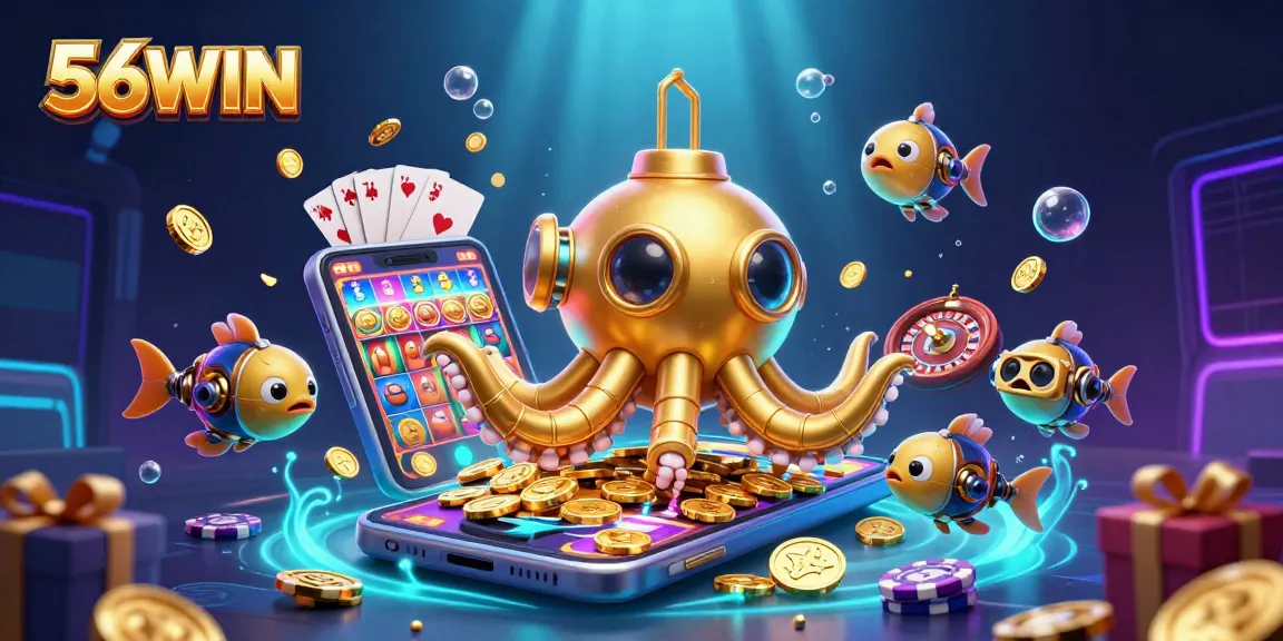 Engage with thrilling games at 56WIN as the golden kraken submarine emerges from a sea of coins.