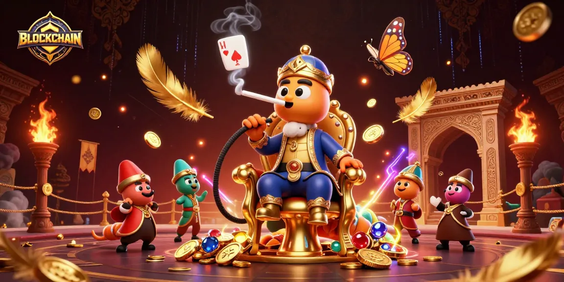 Blockchain-themed casino illustration showing a character masterfully rolling dice amidst dazzling gambling elements.
