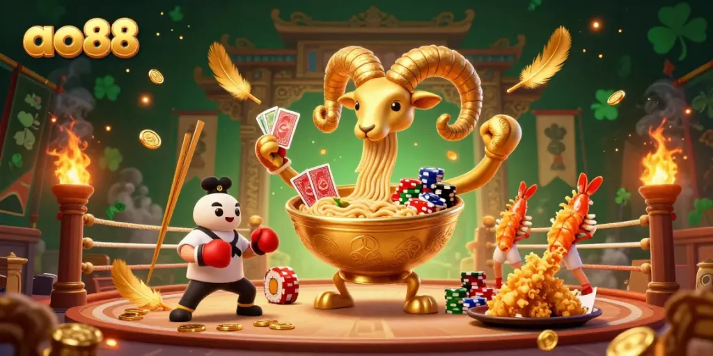 Engage in exciting gameplay at ao88 with a vibrant 3D illustration featuring dynamic casino characters and golden elements.
