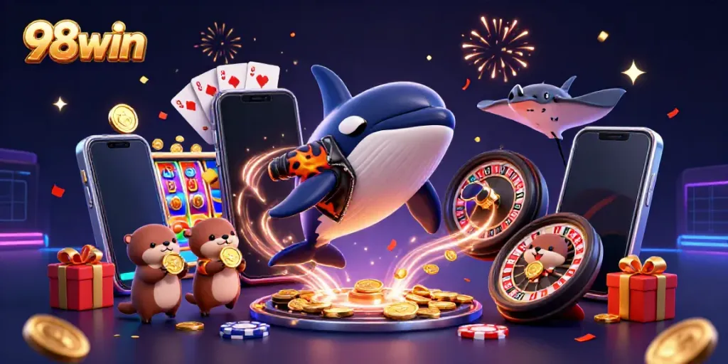 Experience the thrill of 98win with a dynamic scene featuring an orca, stingray, and sea otters celebrating over golden coins.