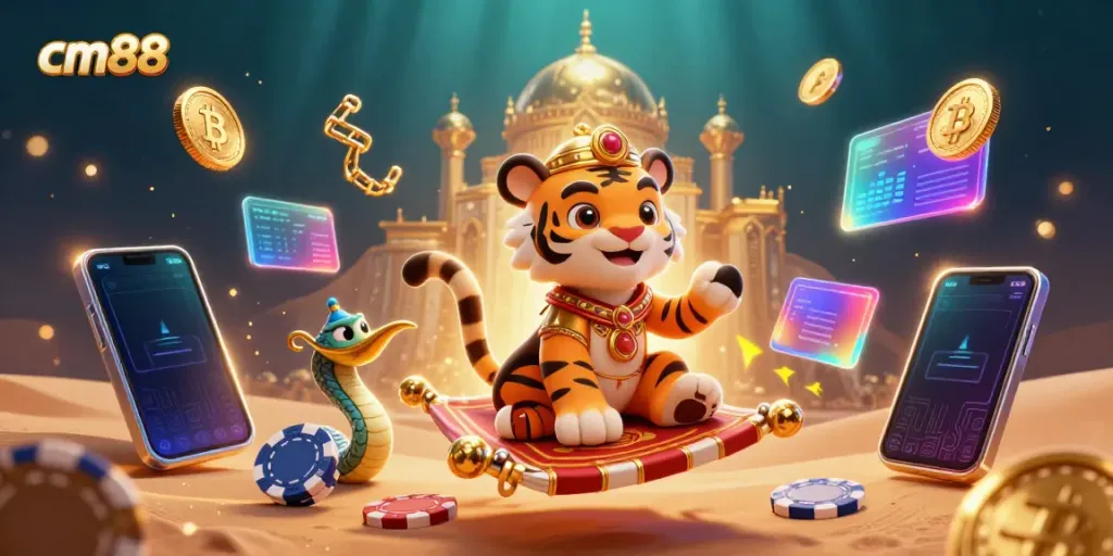 Experience thrilling moments with cm88 at an online casino, featuring vibrant cartoon characters and gambling elements.