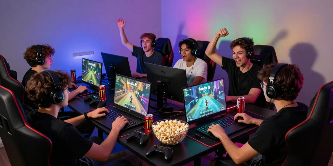 Suasana permainan dinamis dengan pemain berfokus pada boswin 88, ruang gaming berwarna-warni dan suasana seru.