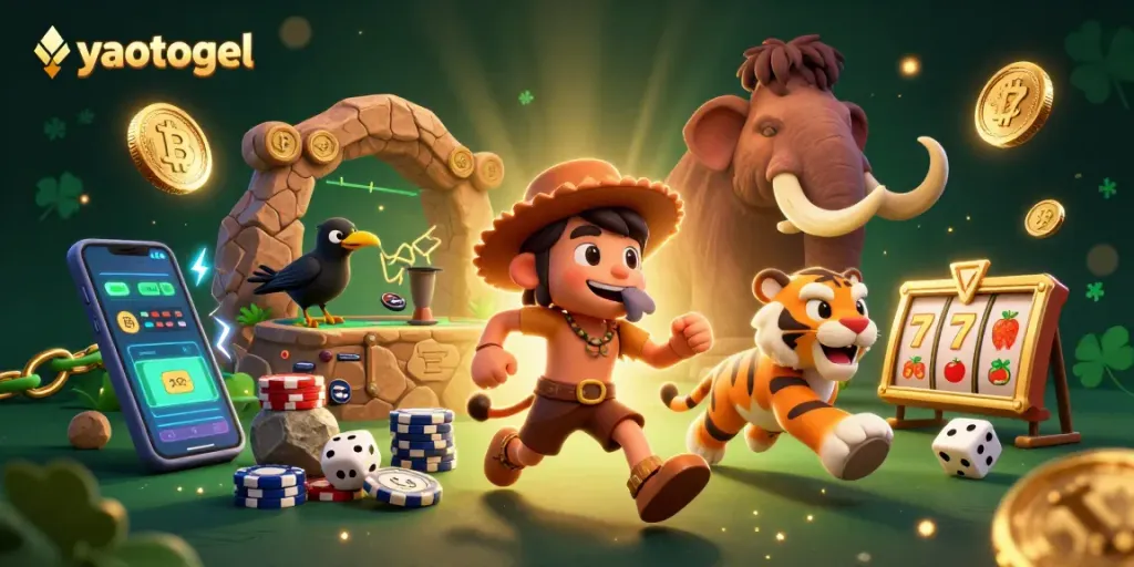 yaotogel caveman and sabertooth tiger duo play in a vibrant prehistoric casino environment