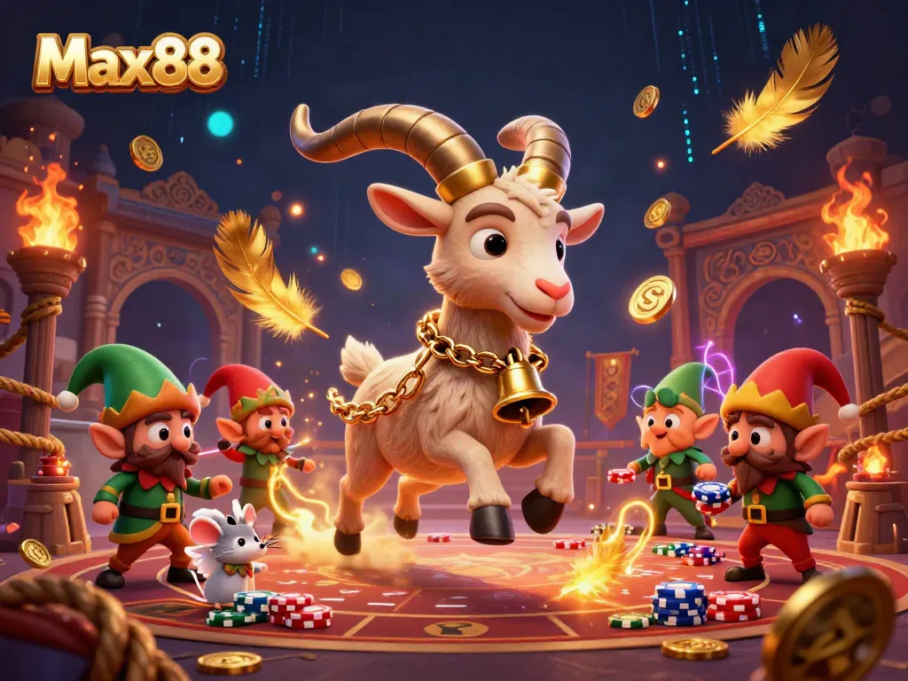 Engage in captivating gameplay at Max88 with a lively 3D goat mascot in a vibrant casino scene.