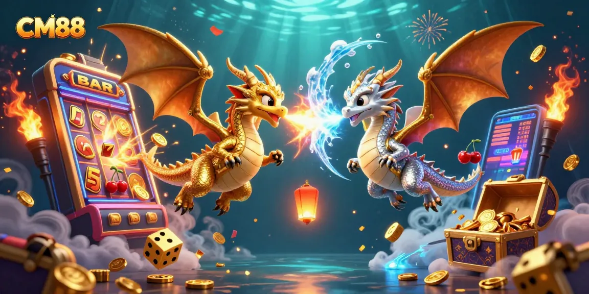 Engage in the vibrant world of CM88 casino, showcasing lively dragons and dynamic gaming elements bursting with excitement.