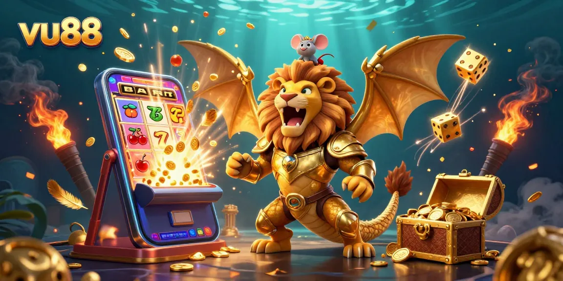 Engage with the thrilling vu88 casino adventure featuring a majestic chimera amidst golden jackpots.