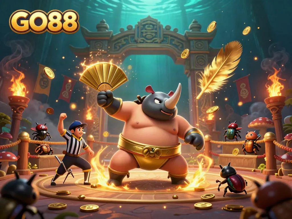 GO88 presents a dynamic scene of a rhinoceros beetle sumo champion amidst golden coins and a referee cricket in an exciting match.