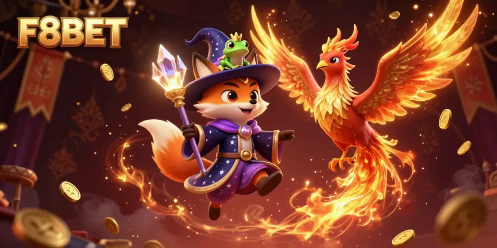 Experience thrilling gaming action with F8BET's vibrant casino atmosphere, animated characters, and dazzling effects.
