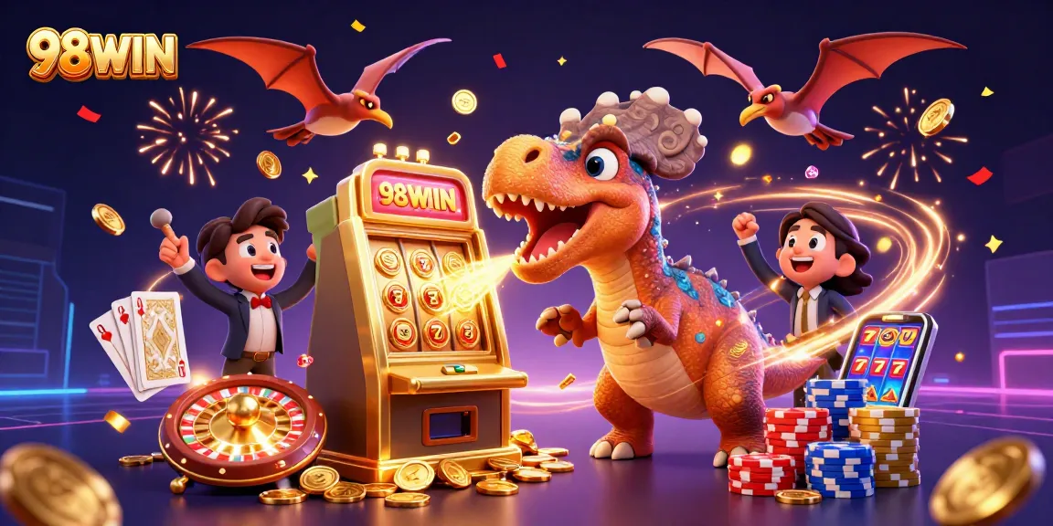 98WIN captures the excitement of jackpots with a 3D pachycephalosaurus and dynamic casino elements.