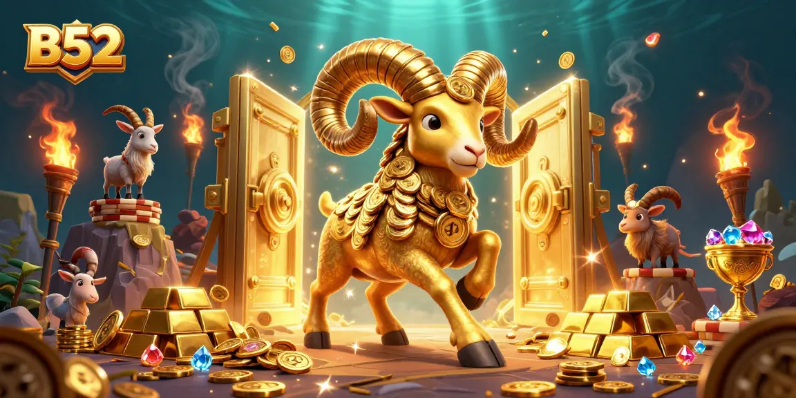 Experience dynamic B52 gaming energy with golden ram bursting through a treasure vault in the casino.