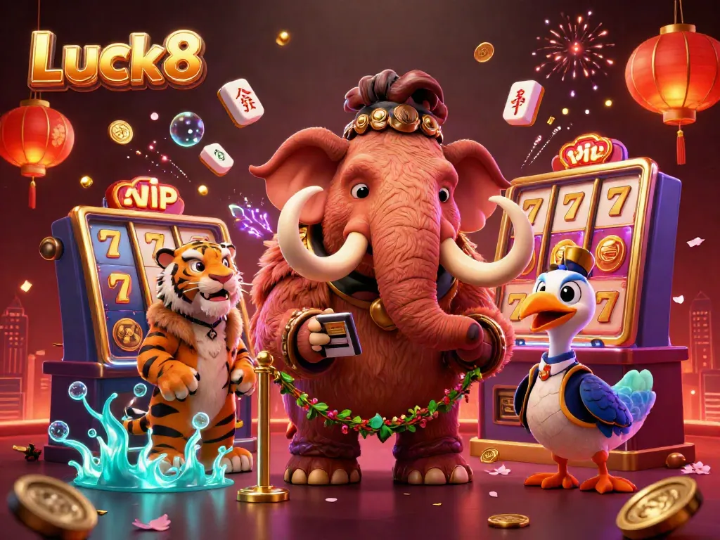Luck8 bouncer checking IDs at a lively casino scene with vibrant characters and dynamic game elements.