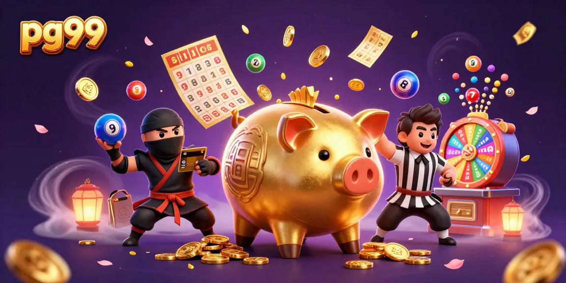 Experience excitement with pg99 as a piggy bank sumo wrestler shakes golden coins in a vibrant casino scene.