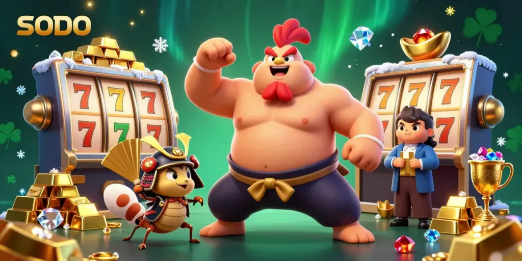 Experience the thrilling SODO gameplay with vibrant characters amidst slot machine magic and gold treasures.