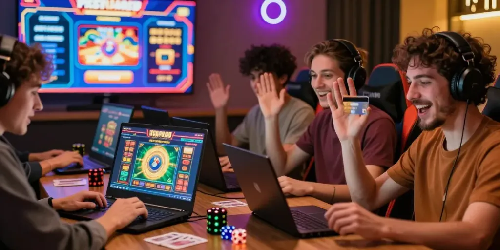 Players enjoying games at online credit card casinos with laptops and gaming paraphernalia.