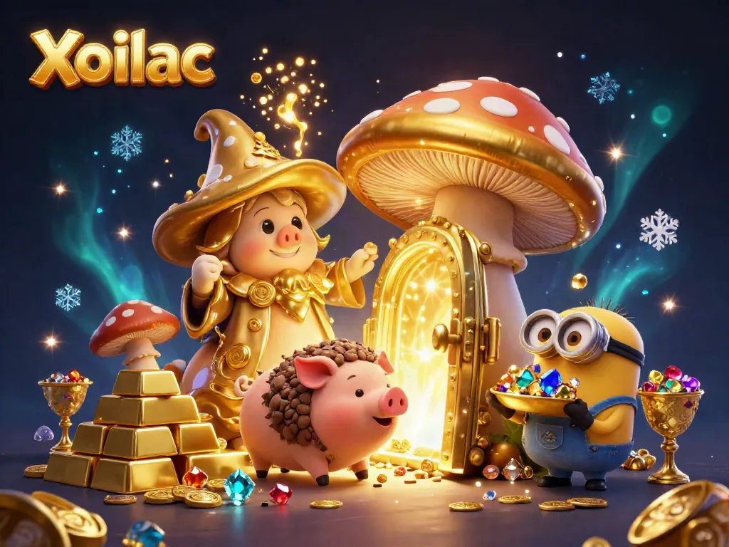 Xoilac wizard transforms treasures into gold, surrounded by gems and gold in an enchanting scene.