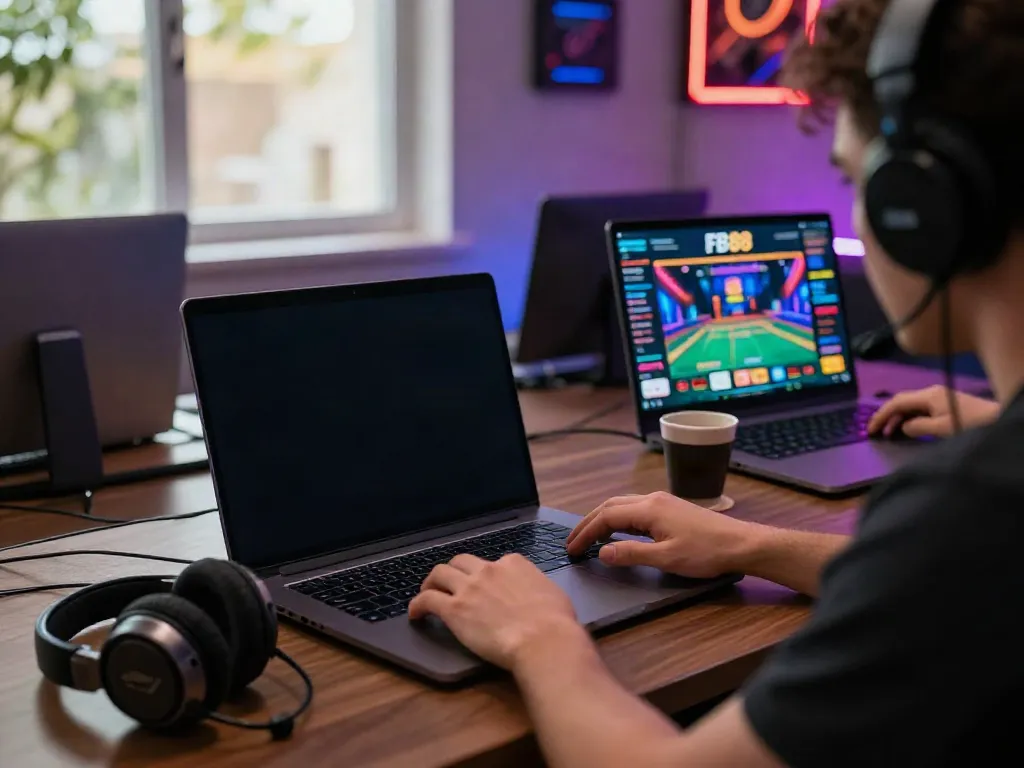 Player engaging with FB88 platform on laptop in modern gaming setup