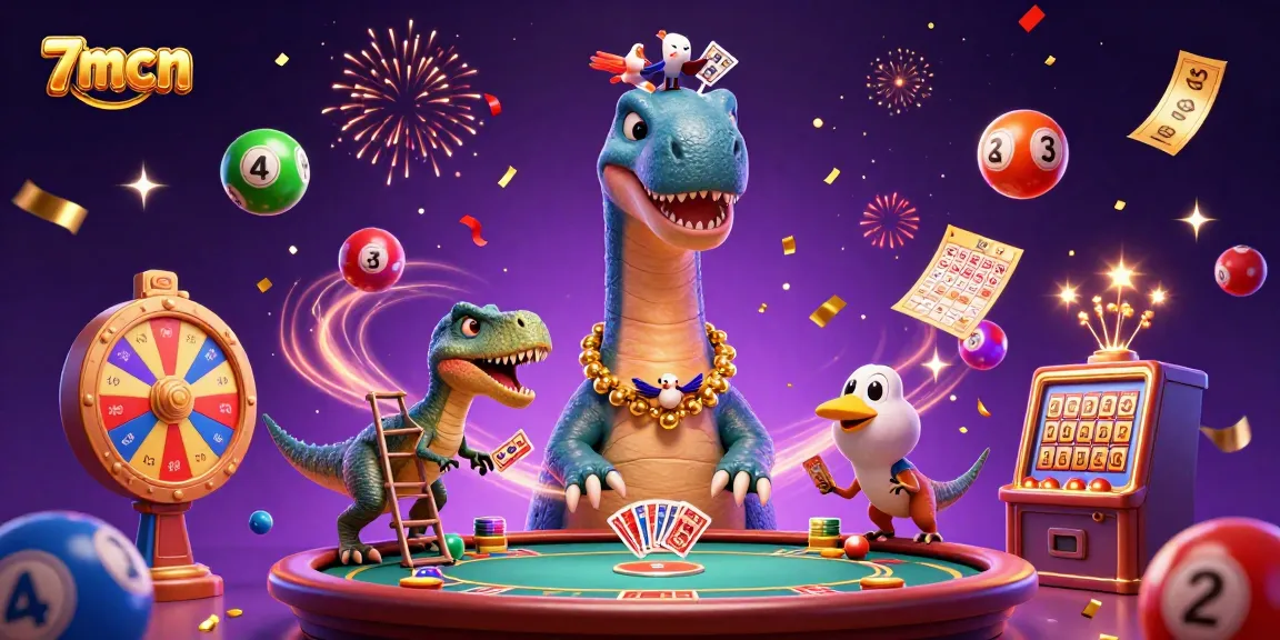 7mcn captures the excitement of a vibrant casino scene with a dinosaur and dynamic game elements.