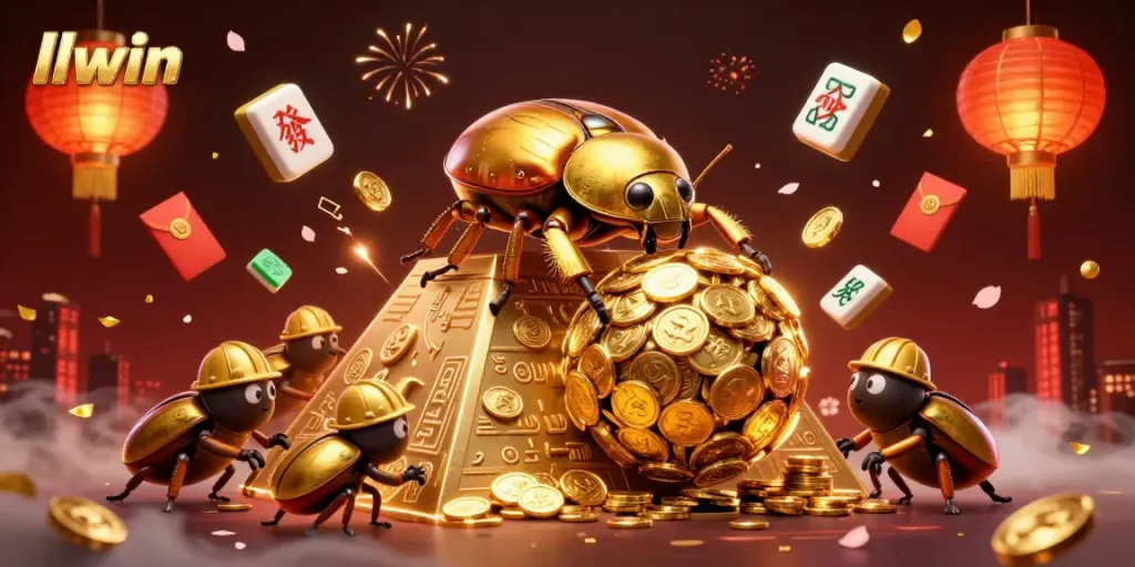 llwin engages players with a vivid scene of golden beetles and casino symbols, offering dynamic gaming experiences