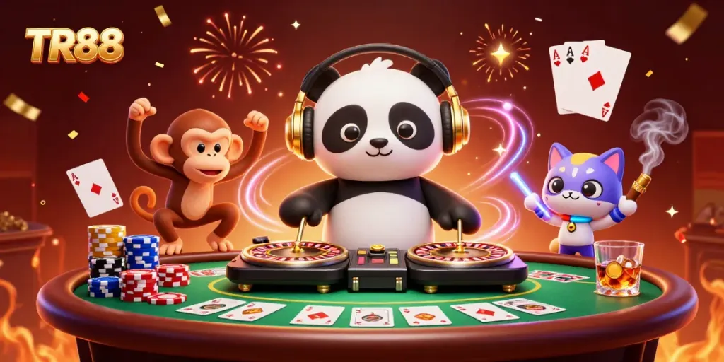Engage with TR88 in an exciting 3D casino scene featuring a DJ panda, dancing monkey, and glowing kitten.