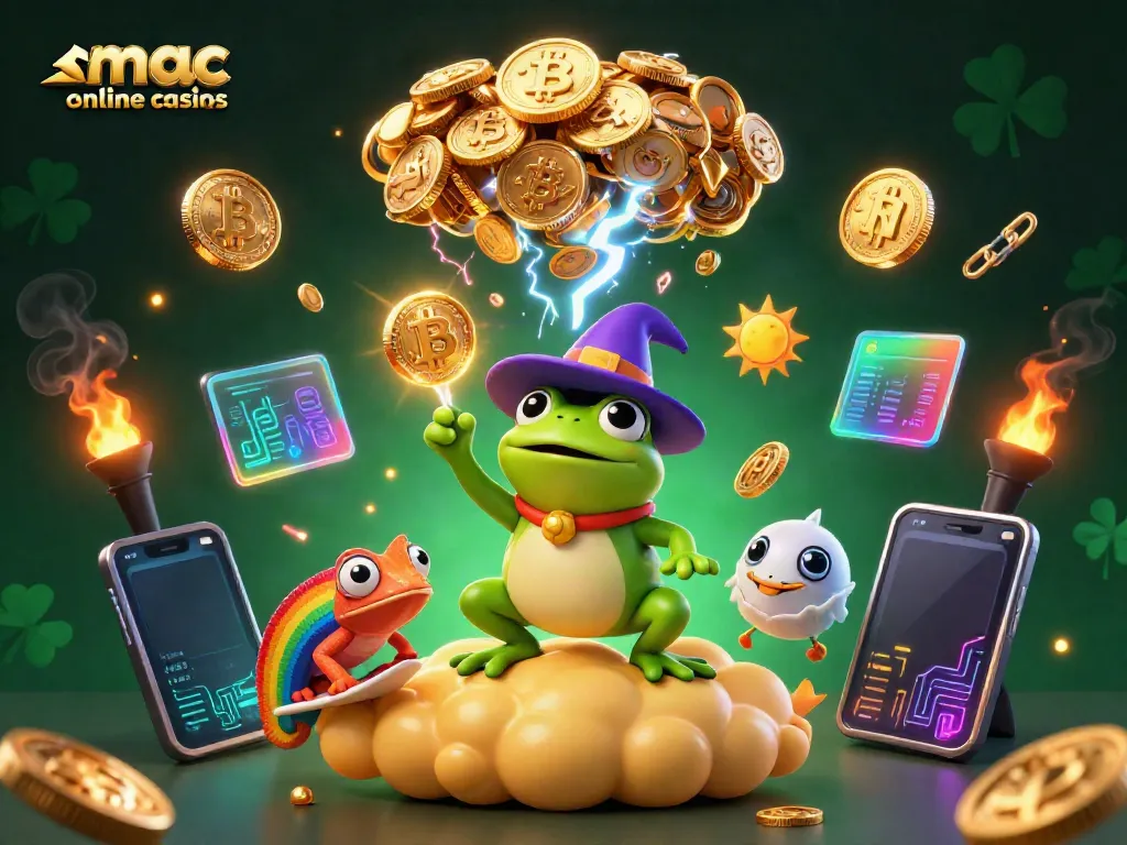 Engage in thrilling action at mac online casinos with a whimsical scene of a wizard frog and chameleon amidst a gold storm.