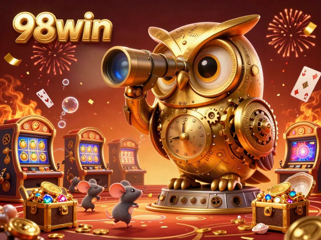 Experience thrilling games and rewards at 98win casino with animated owl amidst vibrant slot machines.