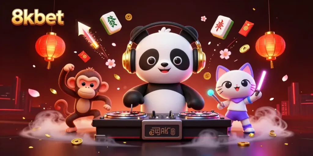 Experience the vibrant scene of 8xbet with a DJ panda and dynamic fun in a casino atmosphere.