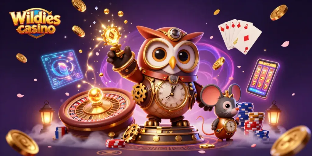 Experience thrilling gameplay at Wildies casino with a fanciful 3D illustration of an owl and mouse at a vibrant casino.