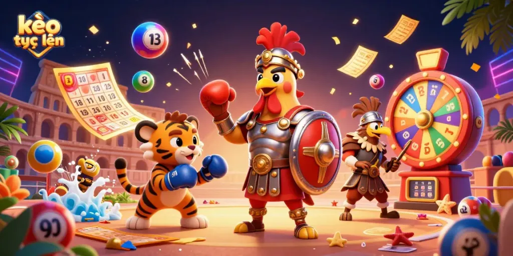 Engage with kèo trực tuyến through a dynamic betting scene featuring a gladiator rooster and lottery elements.