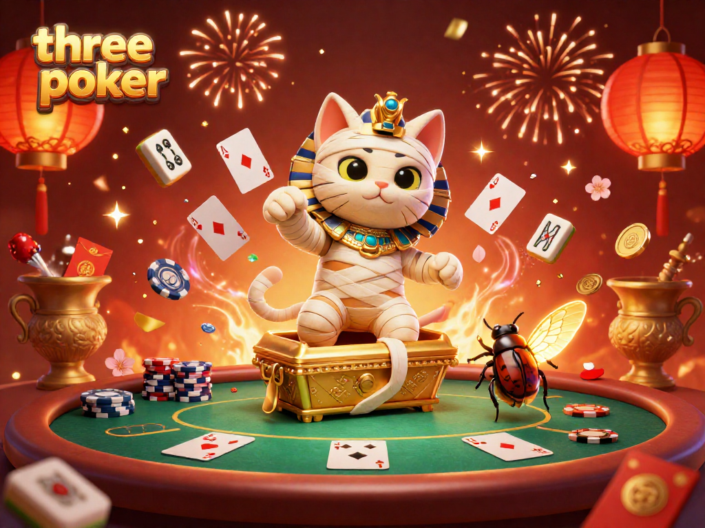 Engage in three card poker excitement with a cartoon mummy cat and vibrant casino elements.