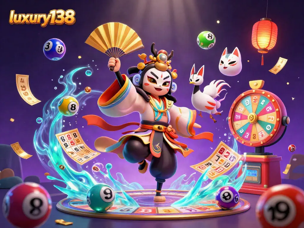Celebrate wins at luxury138 with vibrant lottery balls, a kabuki warrior, and enchanting gaming elements.