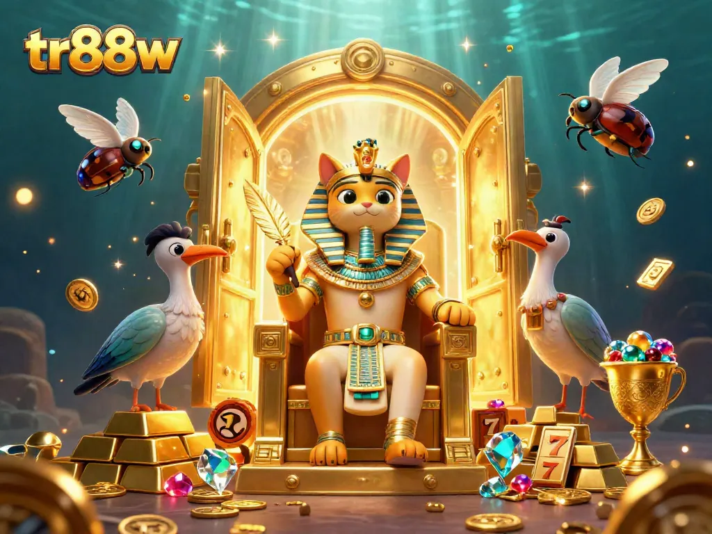 Engage with tr88w's vibrant casino scene featuring a pharaoh cat amid treasures and rich gaming elements.