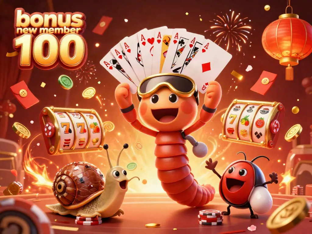 Engaging 3D casino illustration promoting bonus new member 100 with a fun dealer and lively game elements.