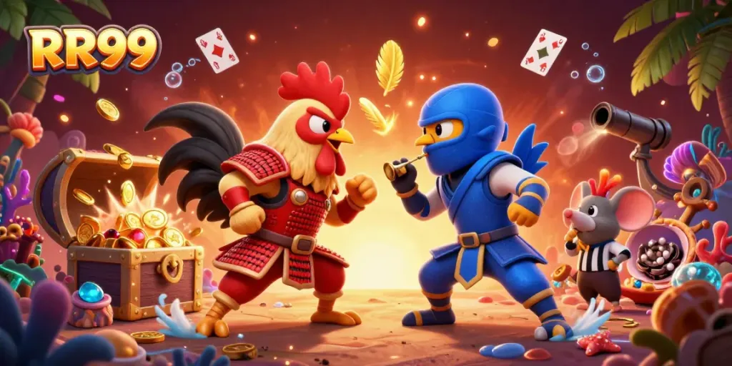 RR99 showcases thrilling rooster duel amidst gaming elements and treasure in vibrant 3D illustration.