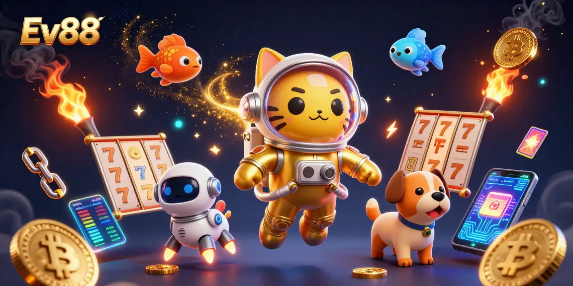 Ev88's exciting universe brings vibrant slot games and crypto elements to life through an engaging 3D illustration.
